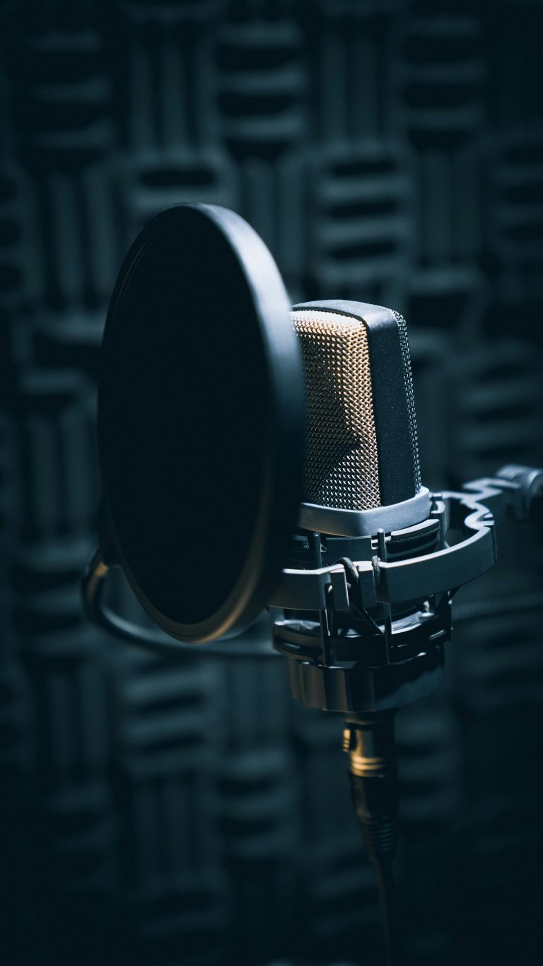 Close-up of a professional microphone with pop filter in a soundproof studio.